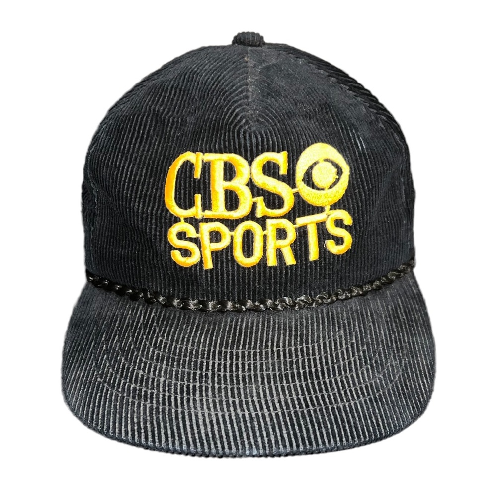 VTG 90s CBS Sports Black Corduroy Snapback Hat Youngan w/ Rope Football